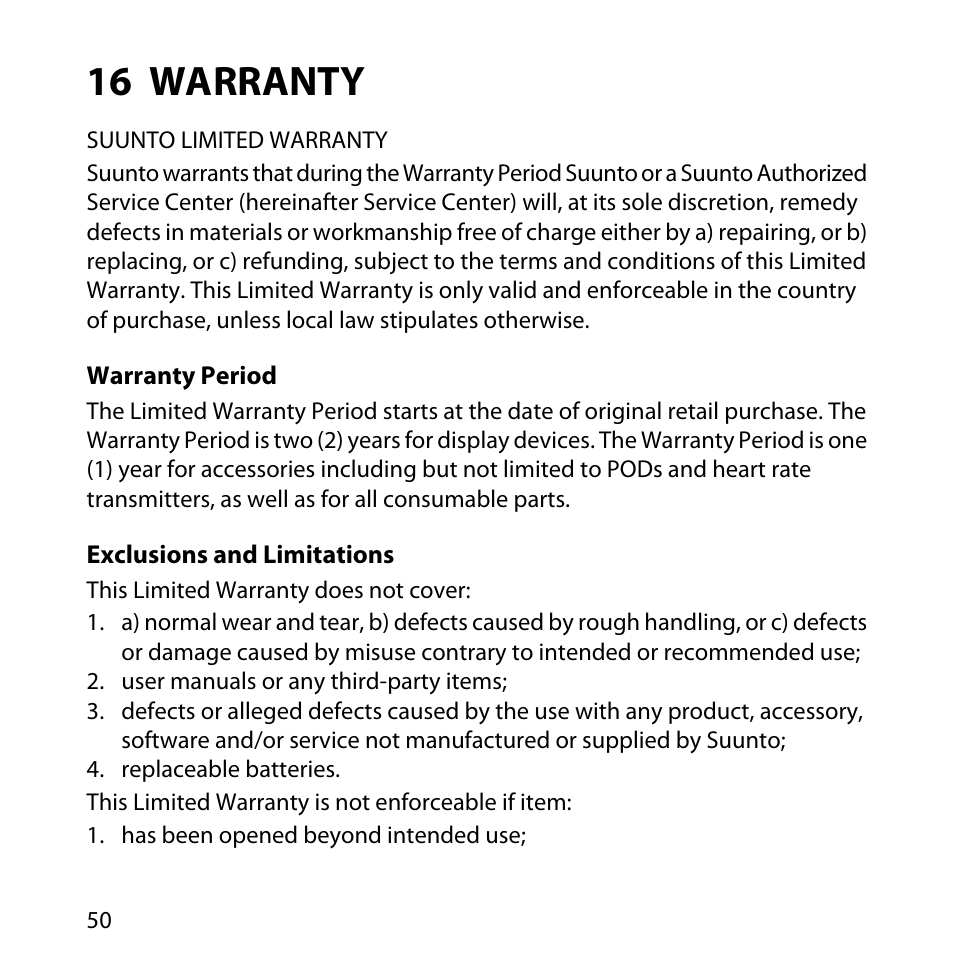 16 warranty, Warranty period, 50 exclusions and limitations | SUUNTO QUEST User Manual | Page 50 / 53