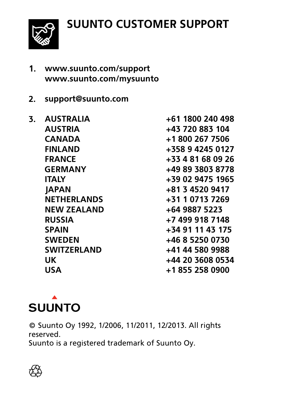 Suunto customer support | SUUNTO SK-7 DIVE COMPASS User Manual | Page 12 / 12