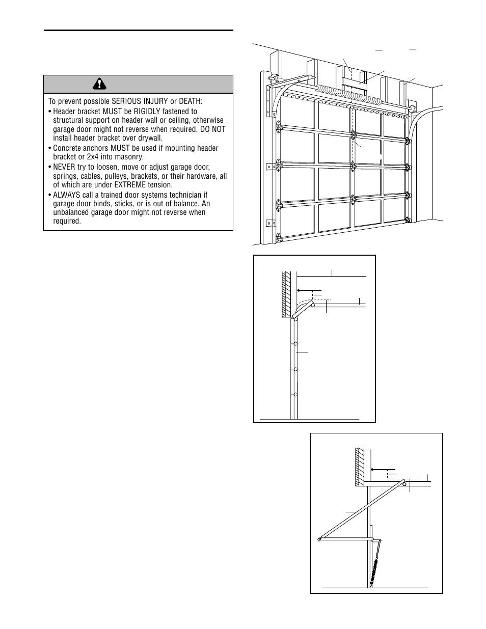 Determine the header bracket, Warning caution warning warning, Installation step 1 | Determine the header bracket location | Craftsman 13953985 User Manual | Page 12 / 76