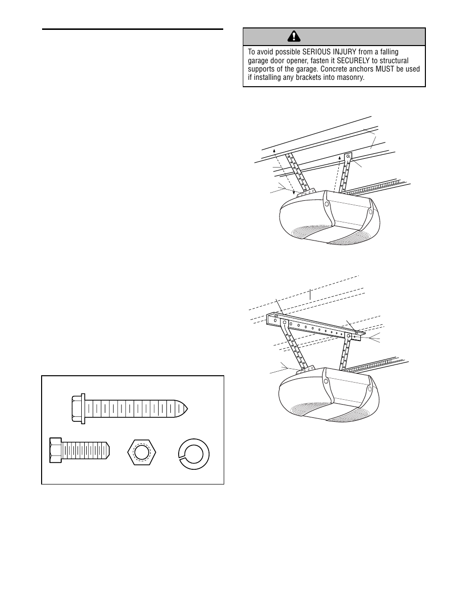 Hang the opener, Warning caution warning warning, Installation step 5 | Craftsman 13953985 User Manual | Page 17 / 76