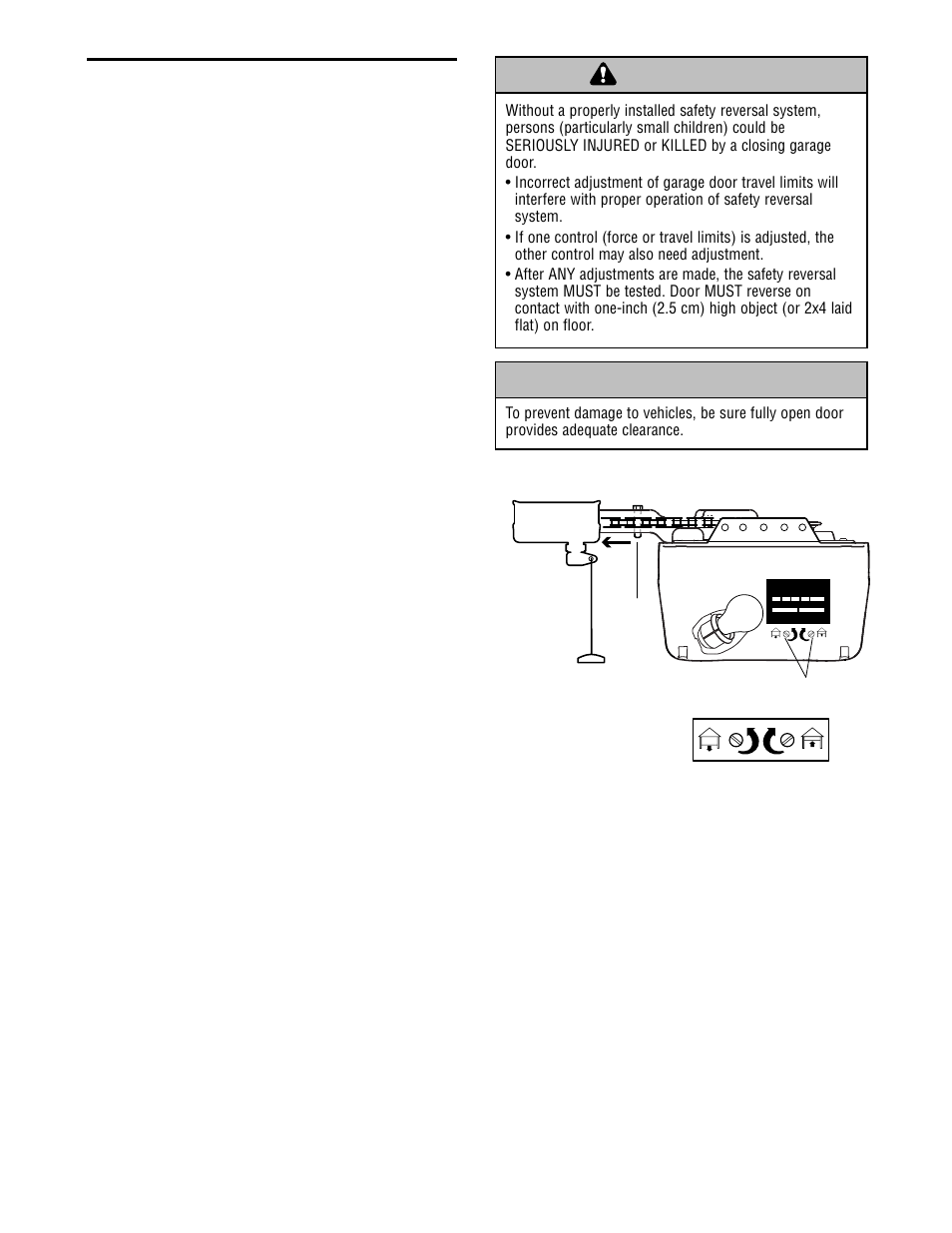 Adjustment, Adjust the up and down travel limit, Warning caution warning warning | Adjustment step 1 | Craftsman 13953985 User Manual | Page 28 / 76