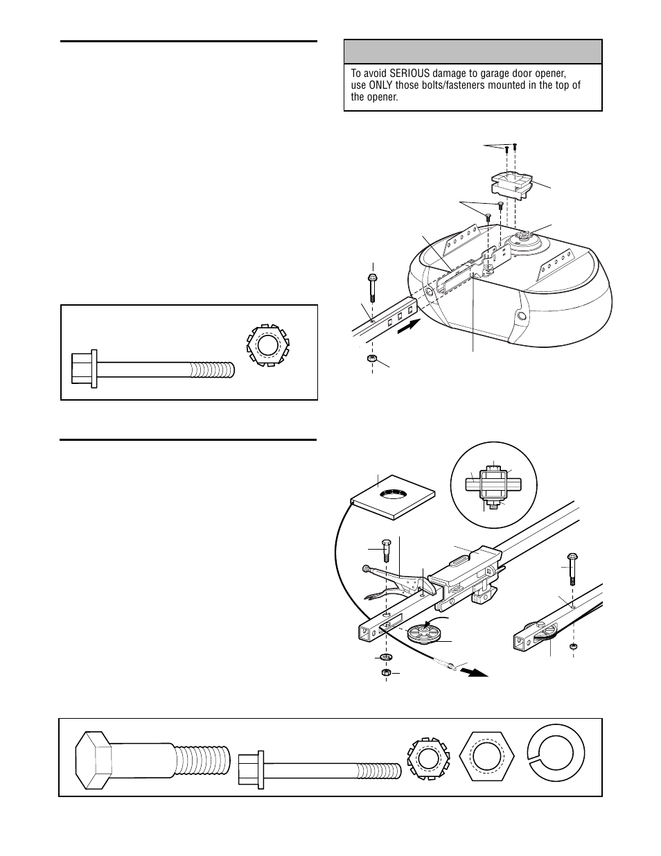 Fasten the rail to the motor unit, Install the idler pulley, Warning caution warning warning | Assembly step 3, Assembly step 2 | Craftsman 13953985 User Manual | Page 9 / 76
