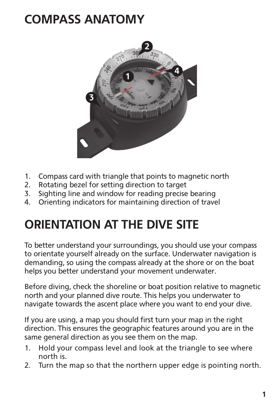 Compass anatomy, Orientation at the dive site | SUUNTO SK-8 DIVE COMPASS NH User Manual | Page 2 / 6