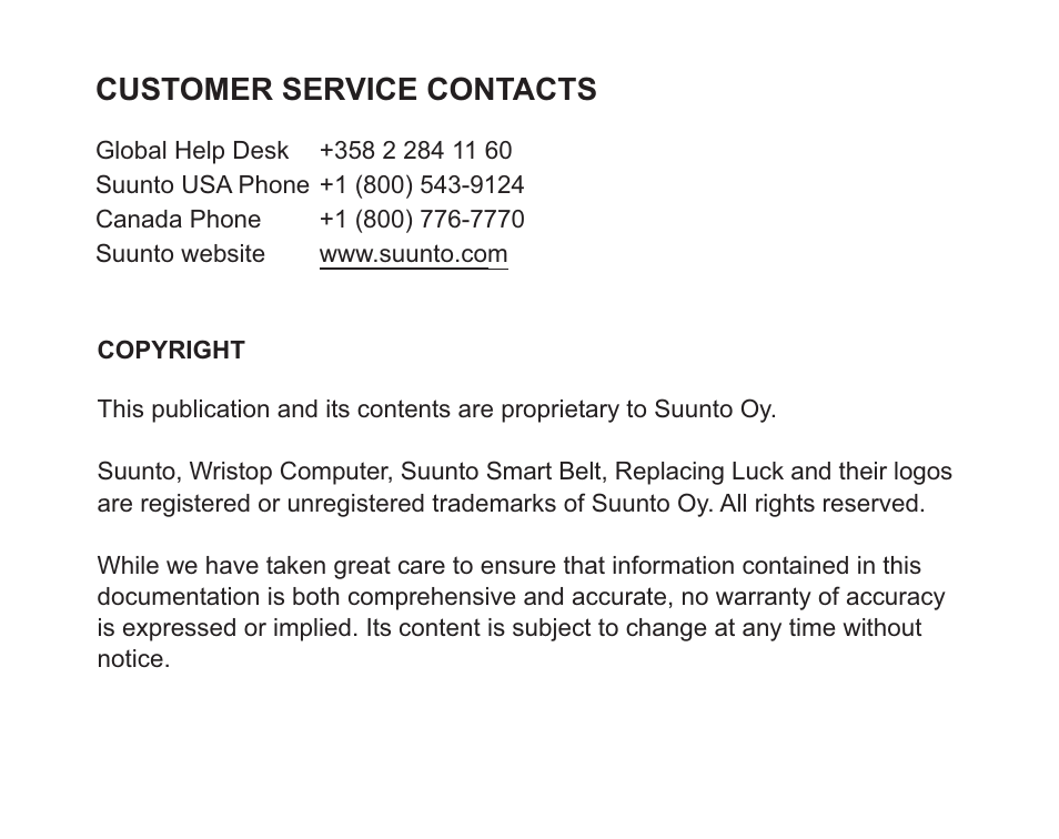 Customer service contacts | SUUNTO SMART BELT User Manual | Page 21 / 22