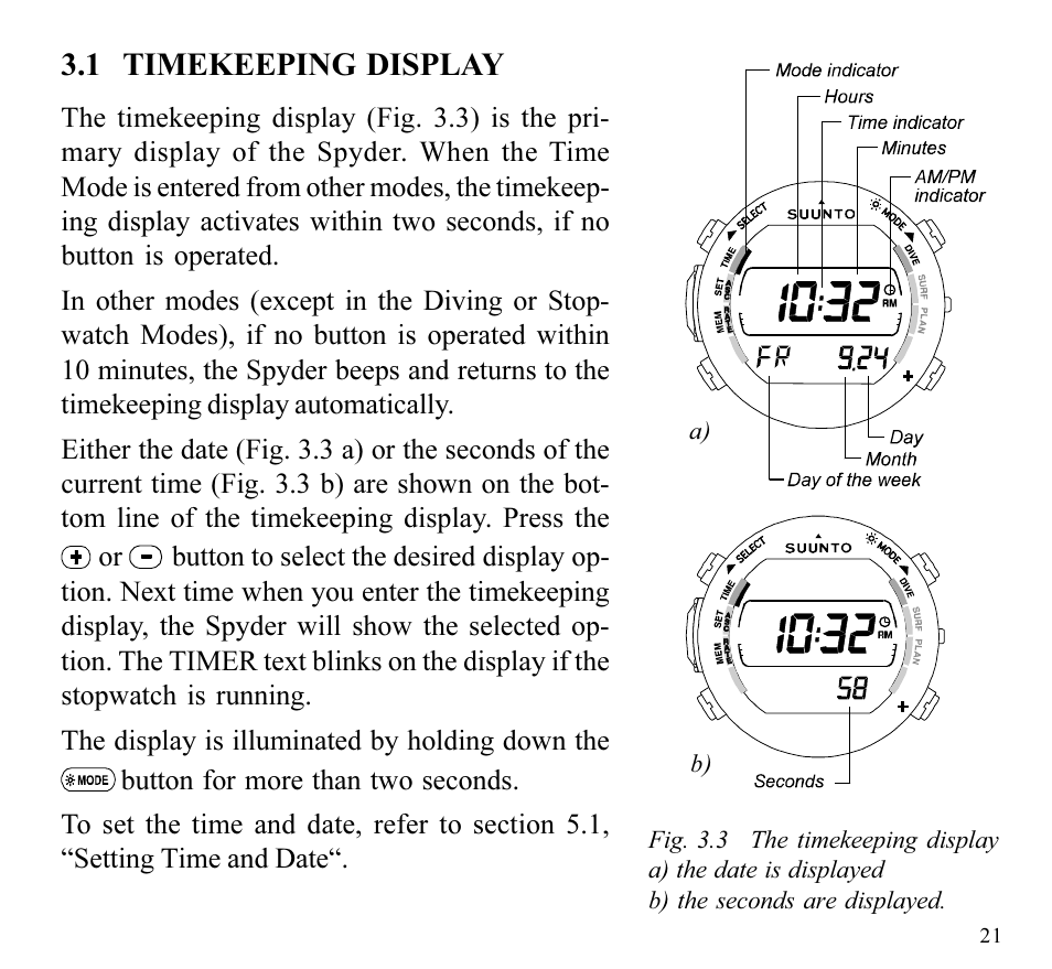 1 timekeeping display | SUUNTO SPYDER User Manual | Page 23 / 93