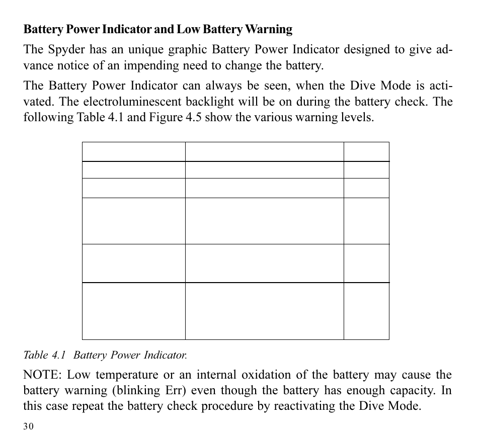 Table 4.1 battery power indicator | SUUNTO SPYDER User Manual | Page 32 / 93