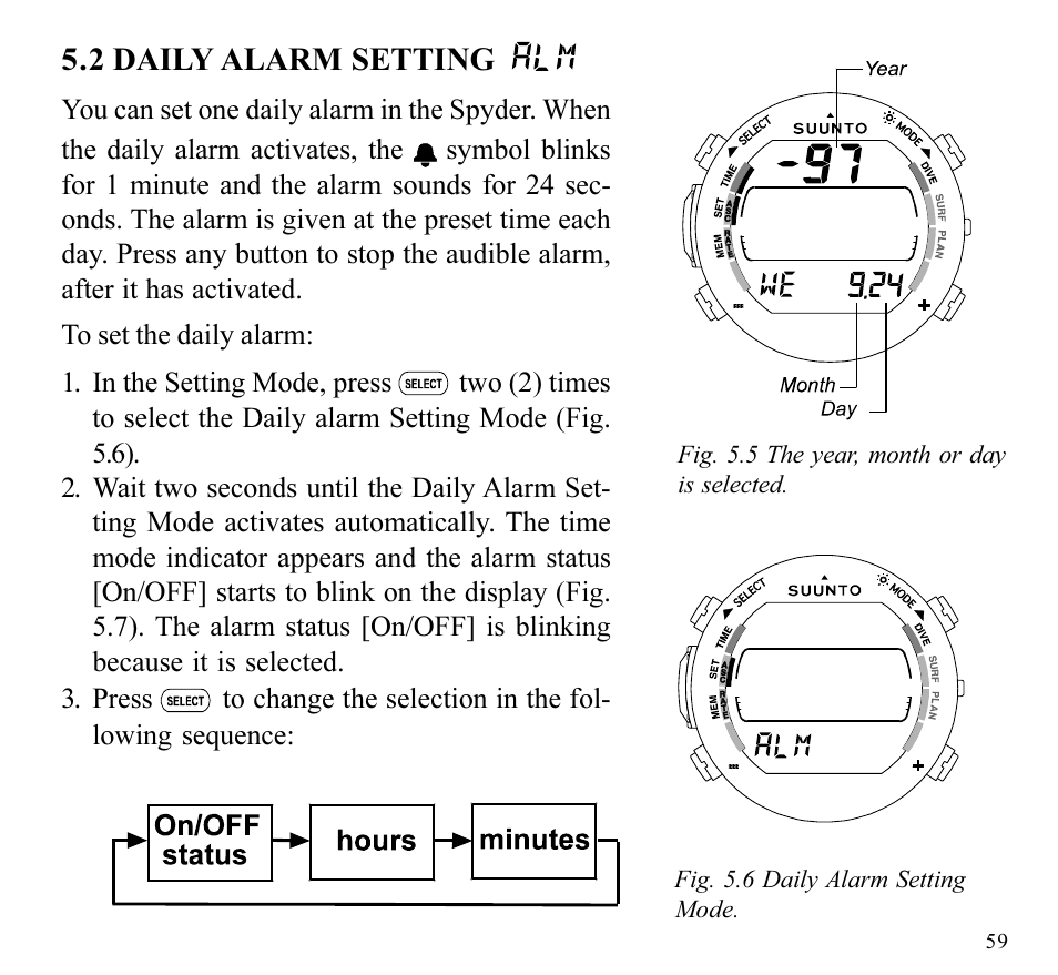 2 daily alarm setting | SUUNTO SPYDER User Manual | Page 61 / 93