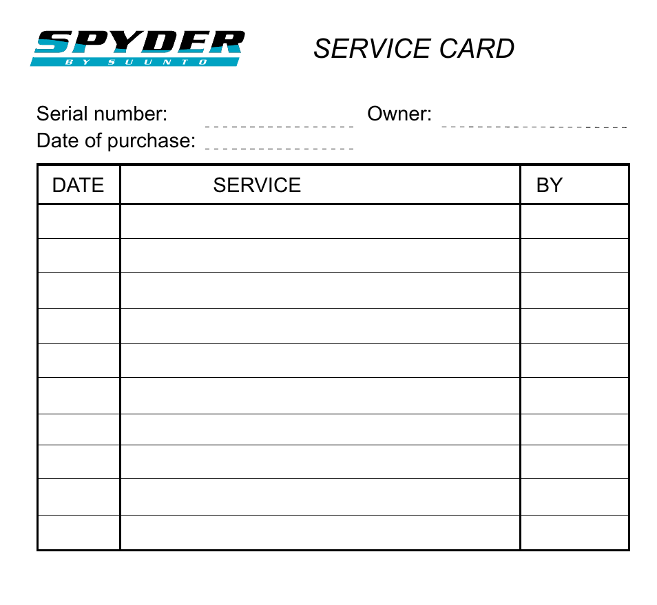 Service card | SUUNTO SPYDER User Manual | Page 91 / 93