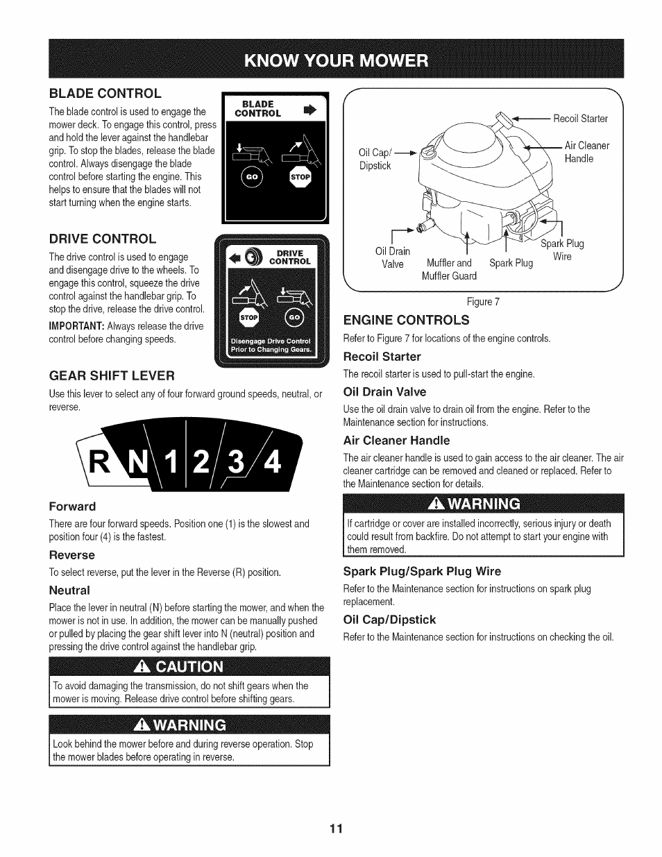 Know your mower, Drive control, Gear shift lever | I 2/3/4, Forward, Reverse, Neutral, A caution, Awarning, Engine controls | Craftsman 247.887330 User Manual | Page 11 / 72