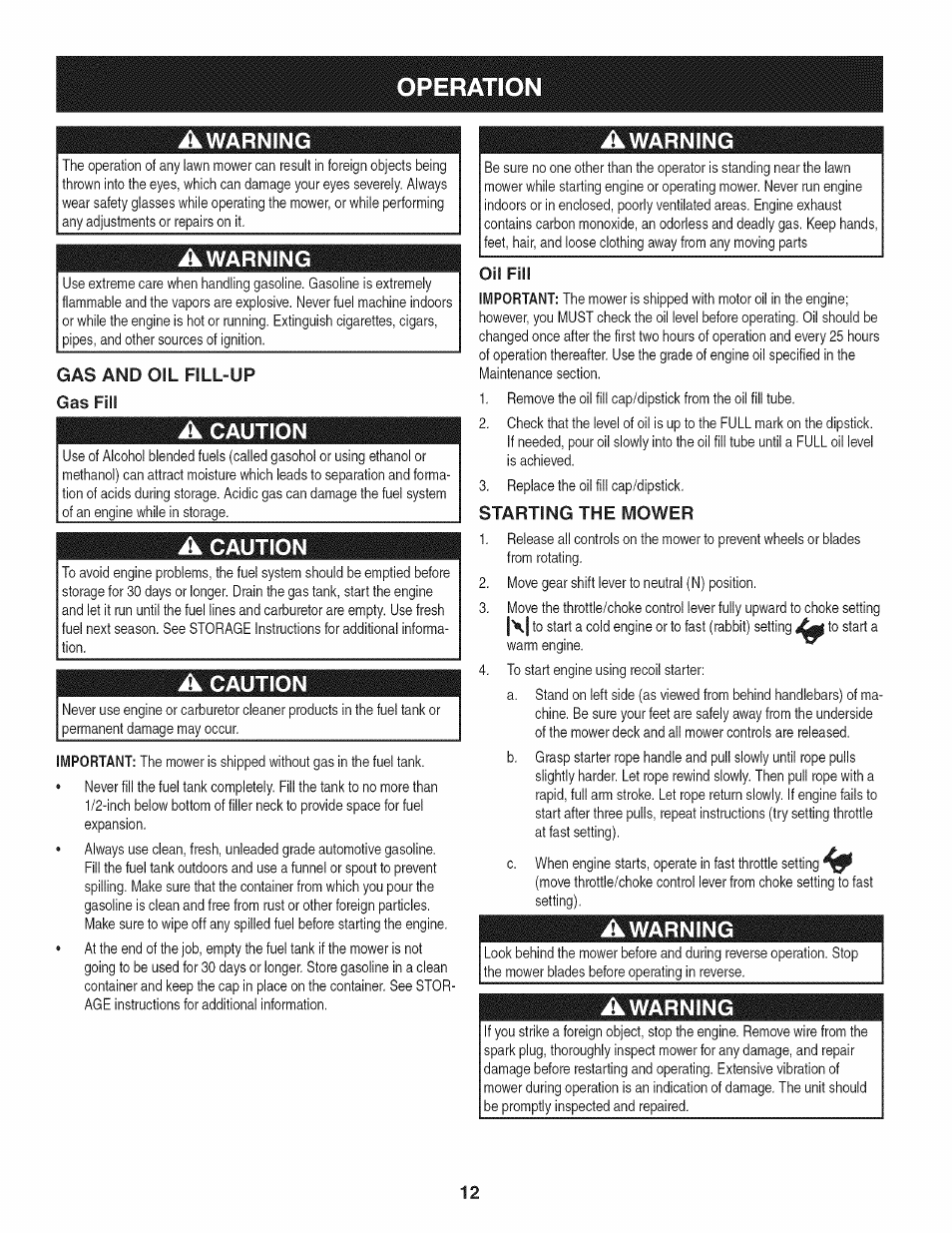 Operation, Awarning, Gas and oil fill-up gas fill | A caution, Oil fill, Starting the mower, Warning | Craftsman 247.887330 User Manual | Page 12 / 72