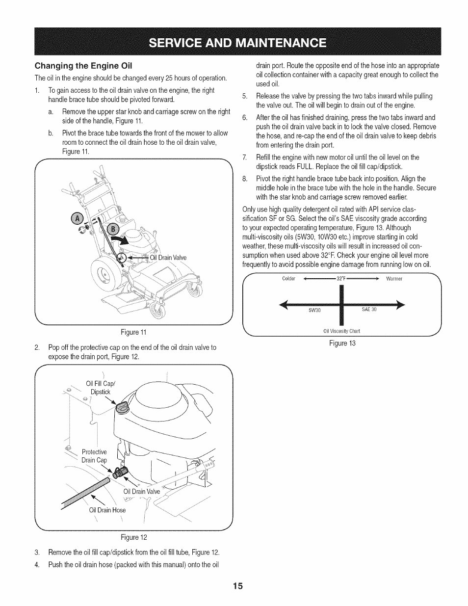 Changing the engine oil, Service and maintenance | Craftsman 247.887330 User Manual | Page 15 / 72