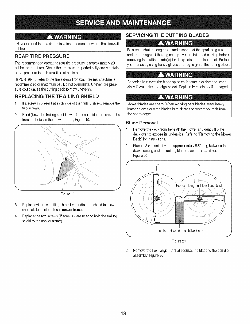 Awarning, Rear tire pressure, Replacing the trailing shield | Servicing the cutting blades, Blade removal, Service and maintenance, Warning | Craftsman 247.887330 User Manual | Page 18 / 72