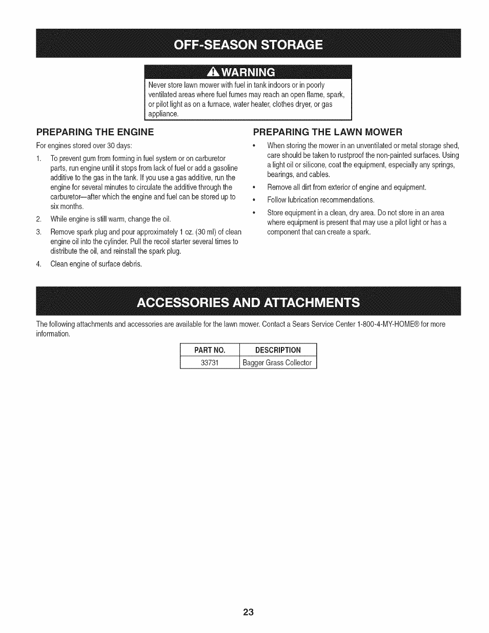 Awarning, Preparing the engine, Preparing the lawn mower | Accessories and attachment, Accessories and attachments, Off-season storage, Warning | Craftsman 247.887330 User Manual | Page 23 / 72