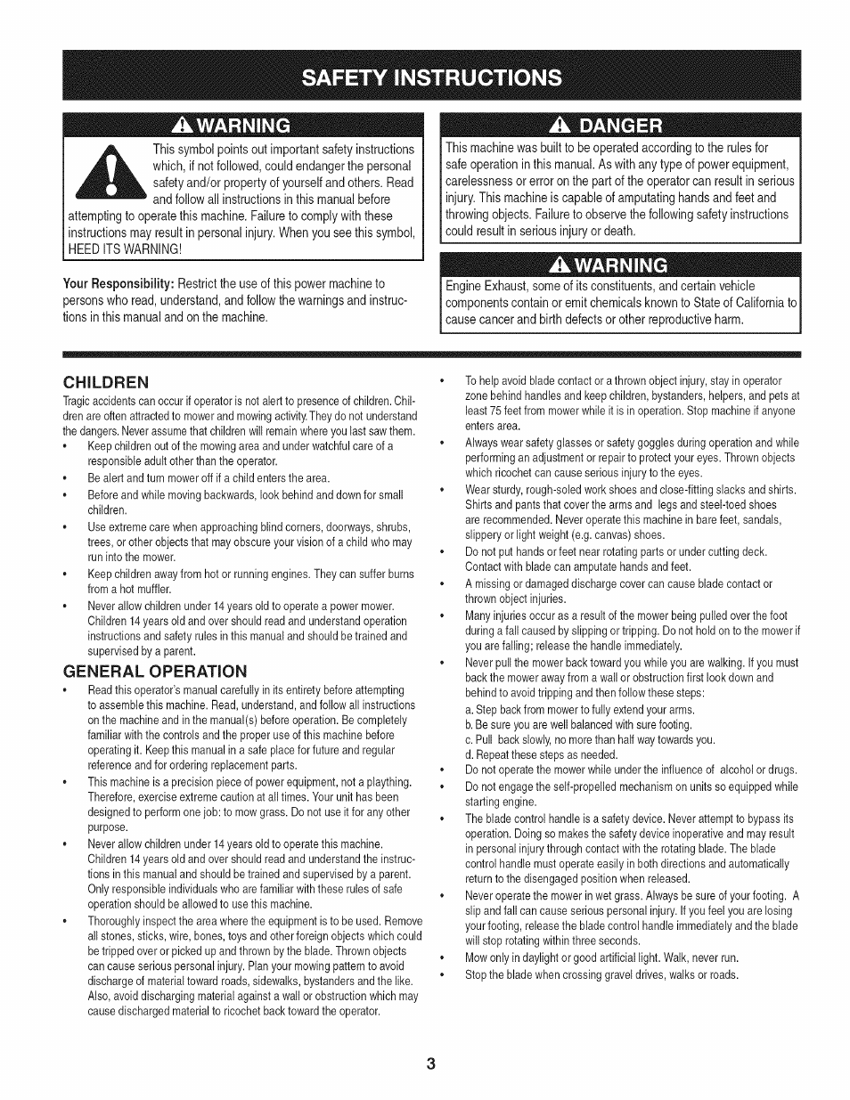 Awarning, Children, General operation | A danger, Safety instructions, Warning | Craftsman 247.887330 User Manual | Page 3 / 72
