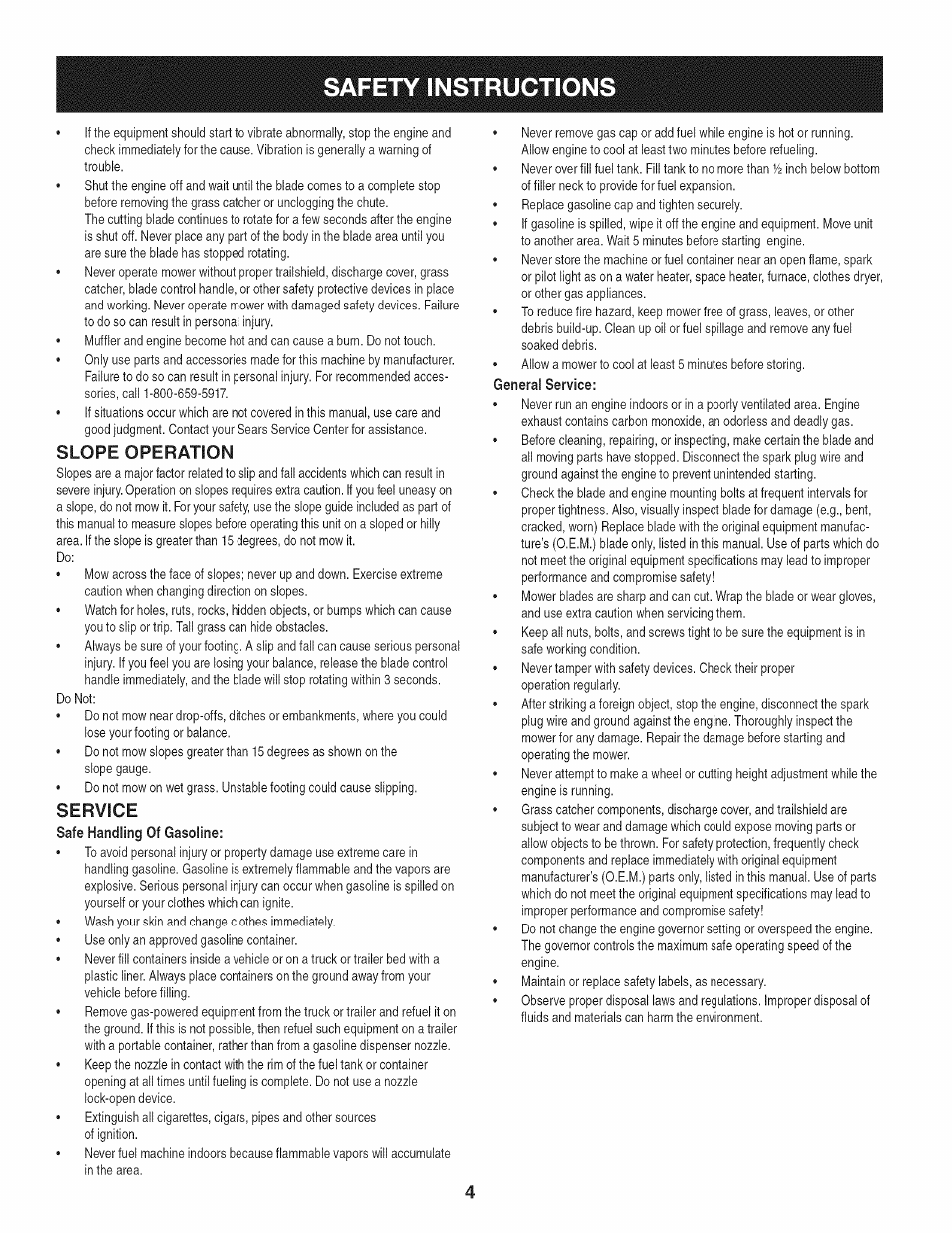 Slope operation, Service, Safety instructions | Craftsman 247.887330 User Manual | Page 4 / 72