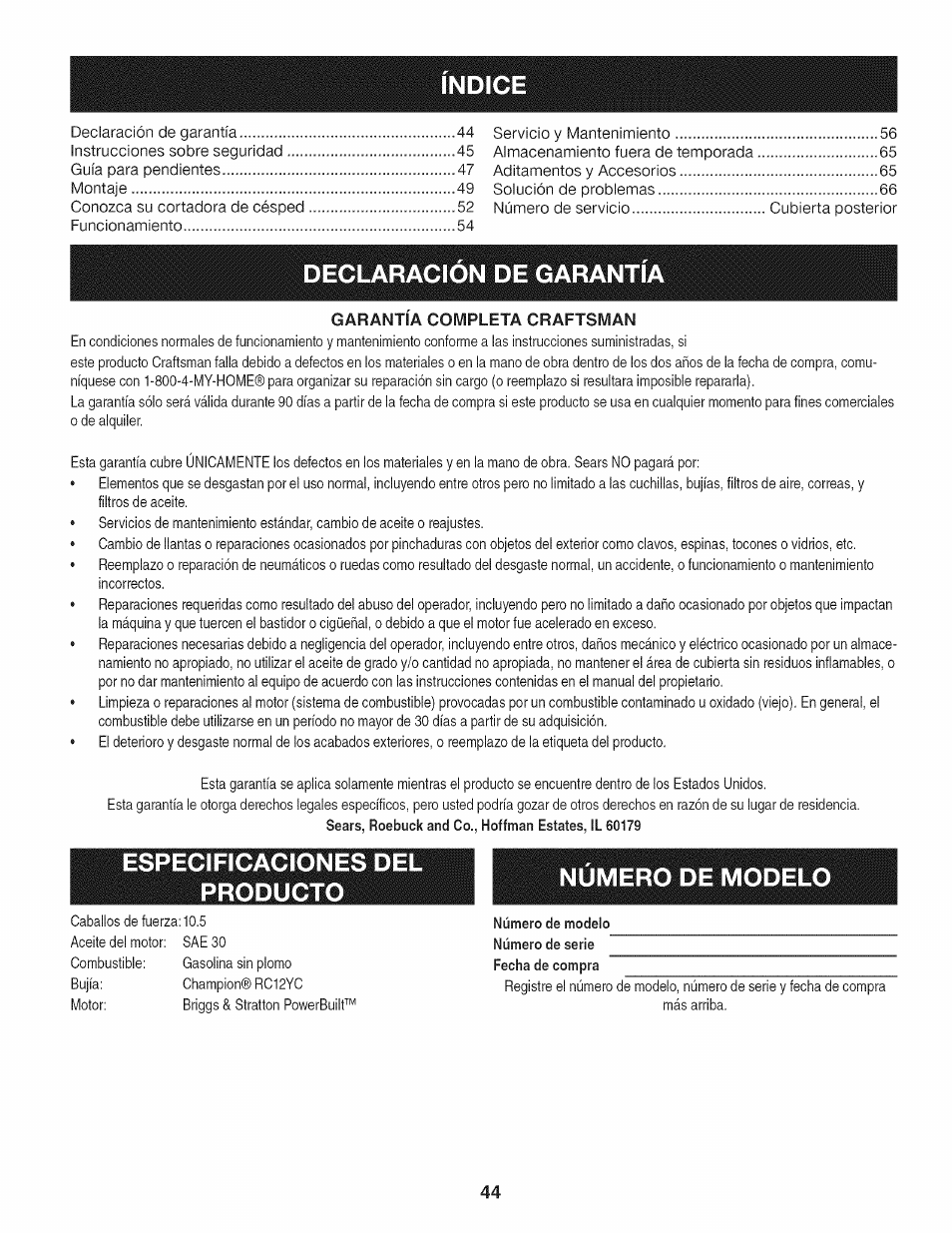 Garantia completa craftsman, Especificaciones del producto, Numero de model | Declaracion de garanti | Craftsman 247.887330 User Manual | Page 44 / 72