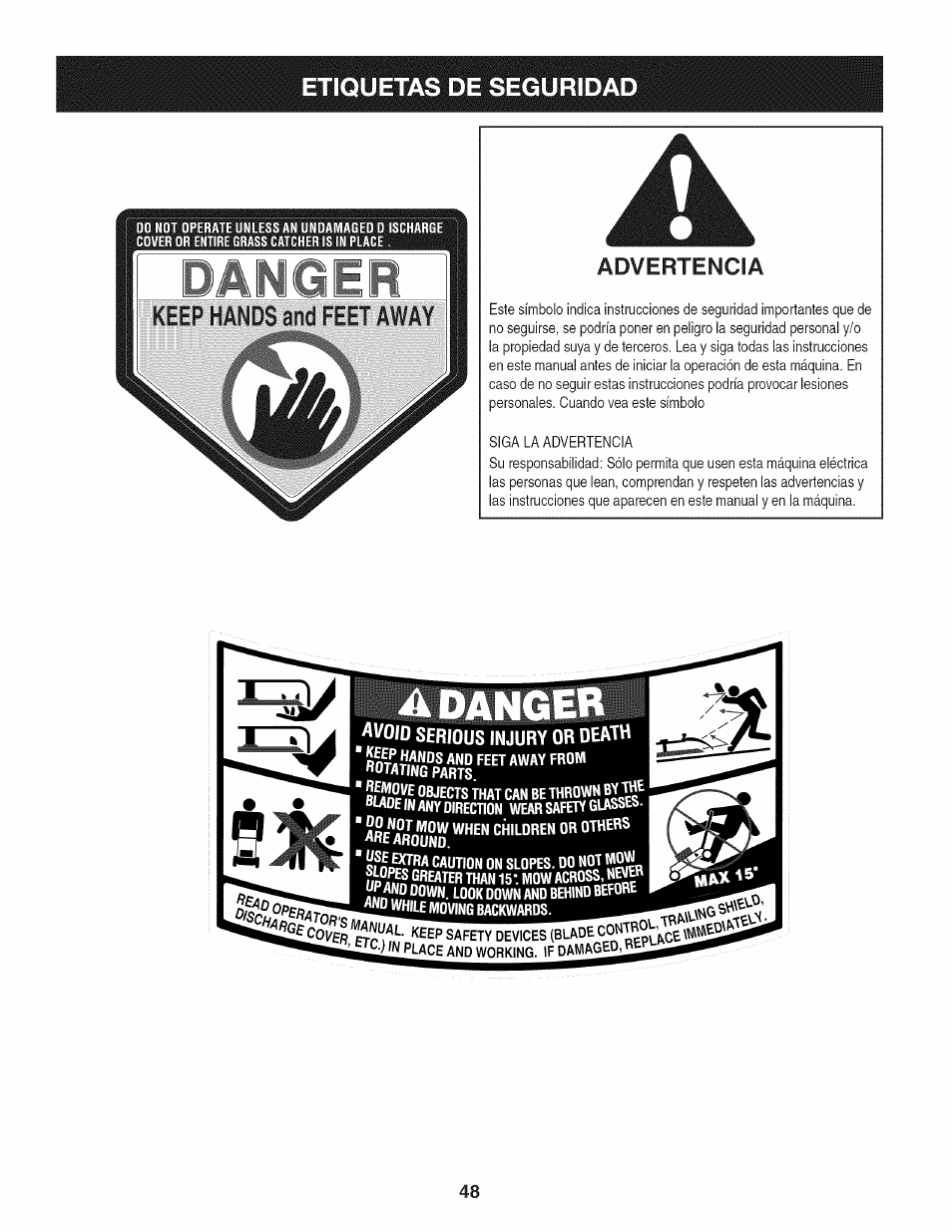 A danger, Advertencia, Etiquetas de segurida | Craftsman 247.887330 User Manual | Page 48 / 72