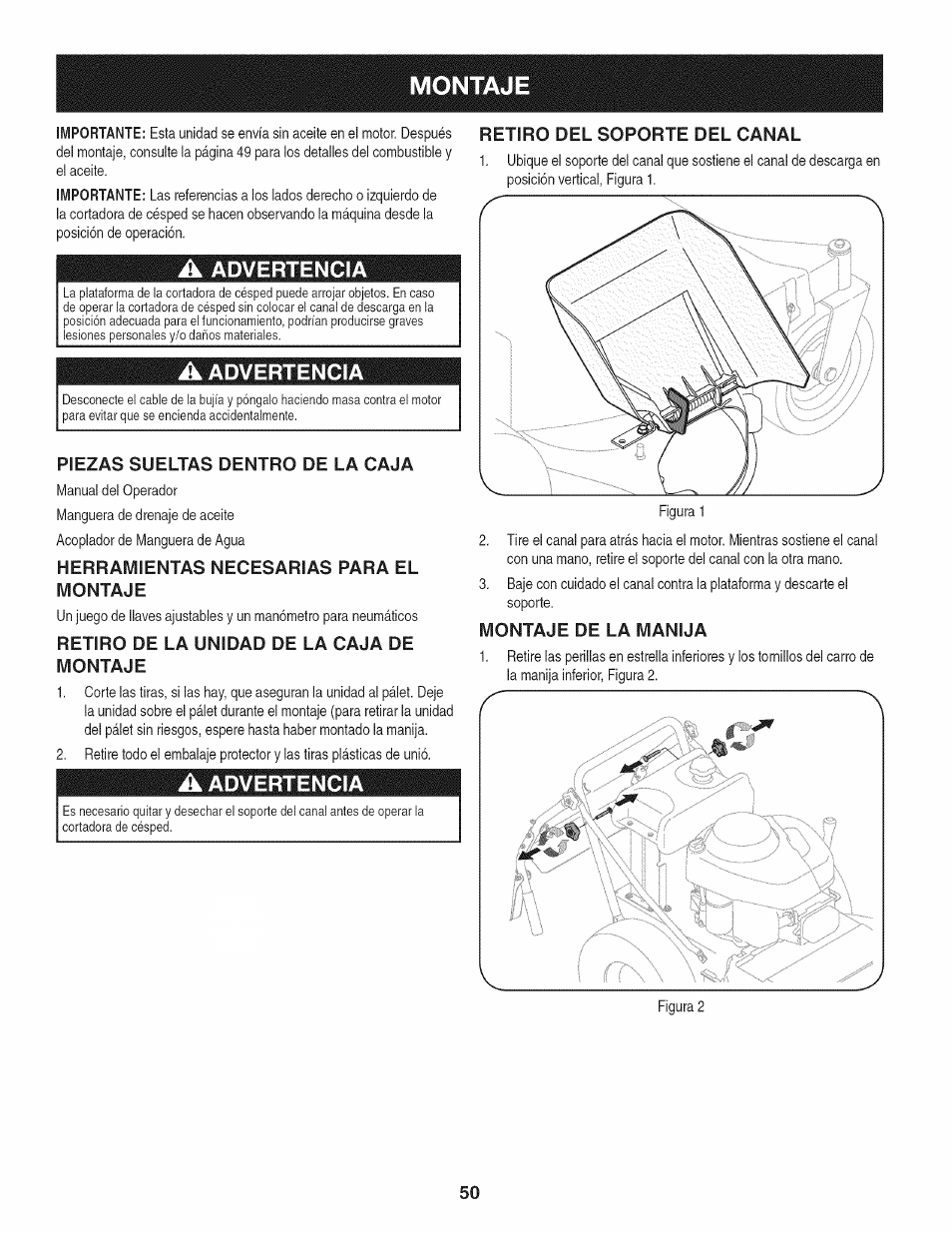A advertencia, Piezas sueltas dentro de la caja, Herramientas necesarias para el montaje | Retiro de la unidad de la caja de montaje, Retiro del soporte del canal, Montaje de la manija | Craftsman 247.887330 User Manual | Page 50 / 72