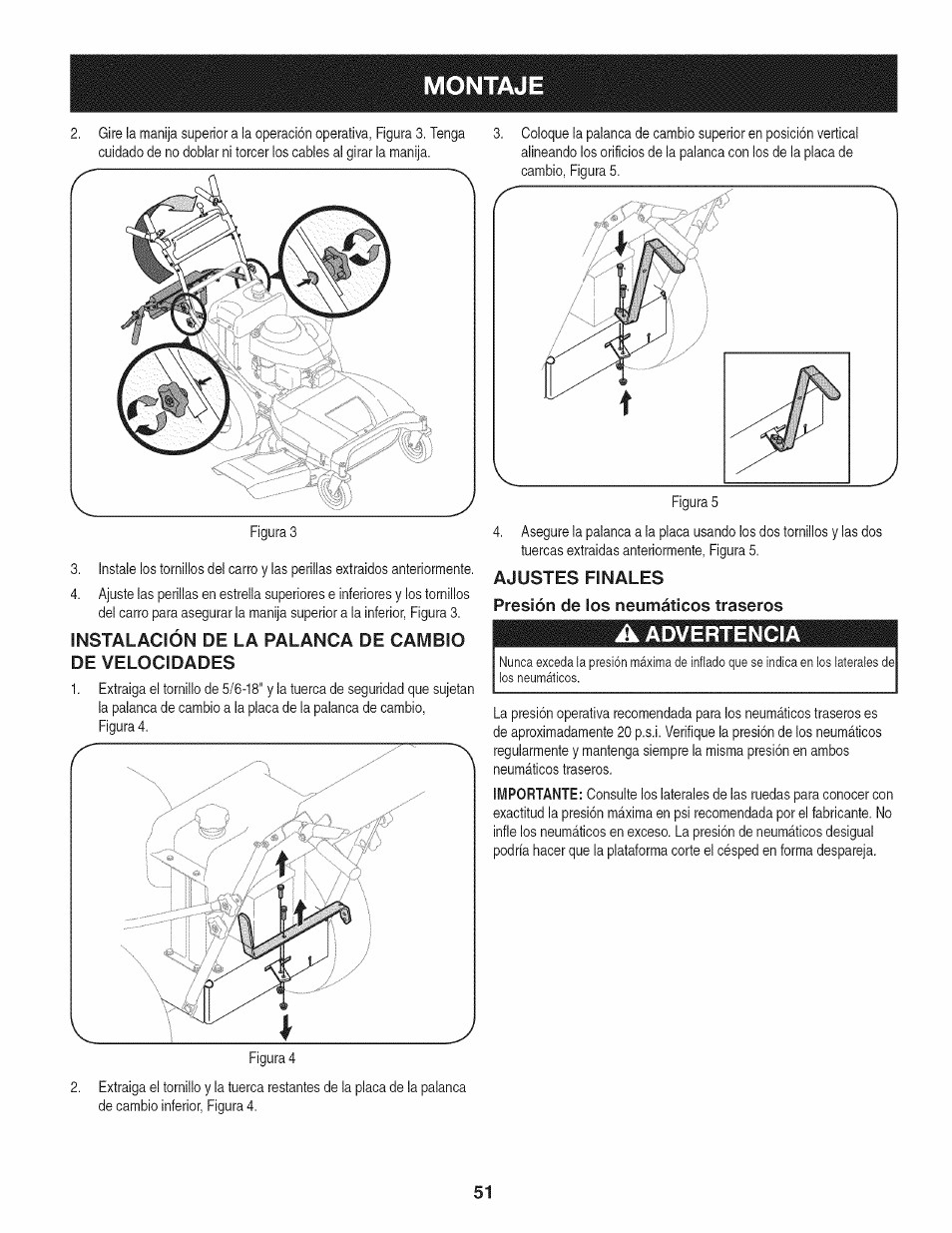 Instalación de la palanca de cambio de velocidades, Ajustes finales, Presión de los neumáticos traseros | A advertencia | Craftsman 247.887330 User Manual | Page 51 / 72