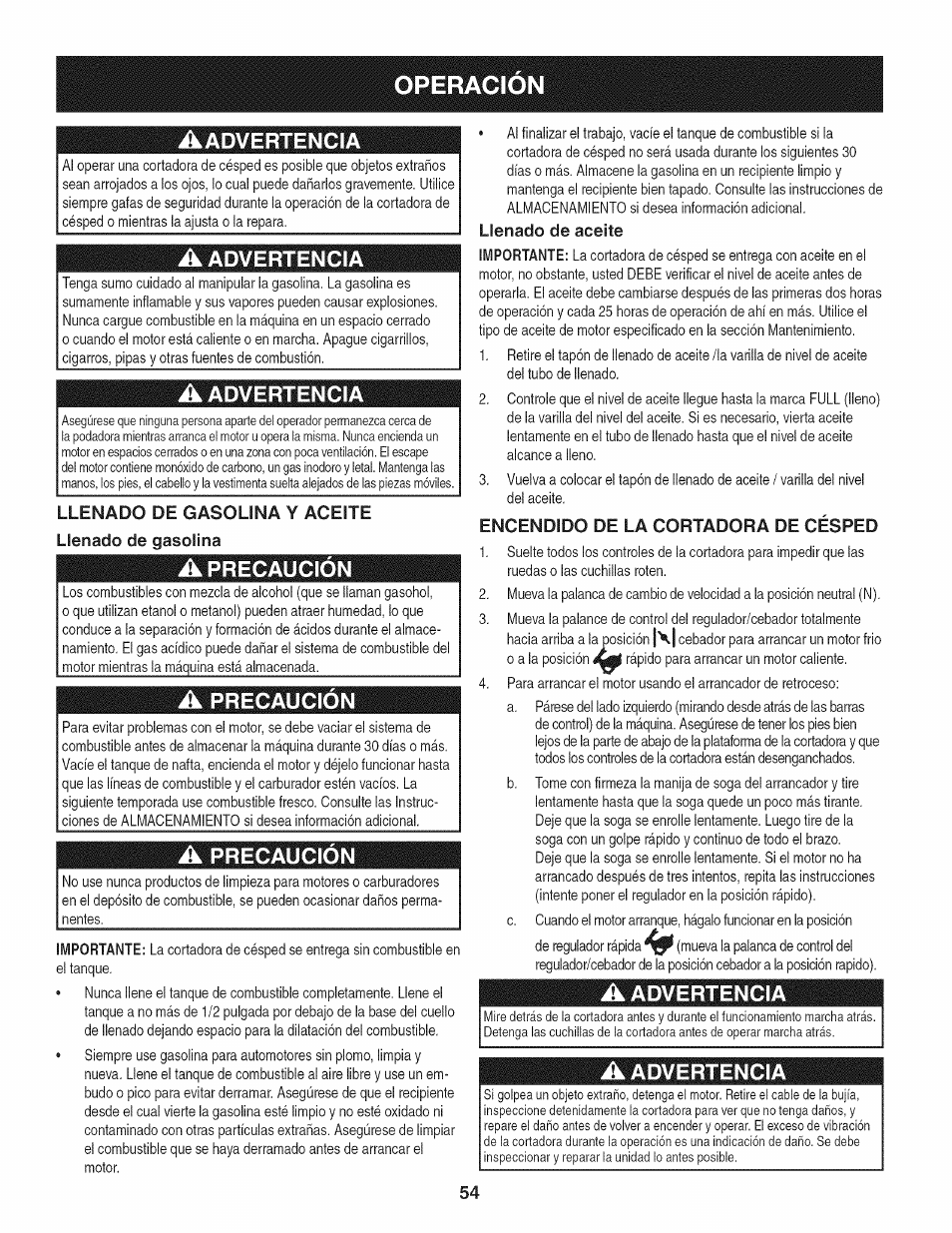 Operacion, Aadvertencia, Llenado de gasolina y aceite llenado de gasolina | A precaución, Llenado de aceite, Encendido de la cortadora de césped, A advertencia, Precaución, Advertencia | Craftsman 247.887330 User Manual | Page 54 / 72