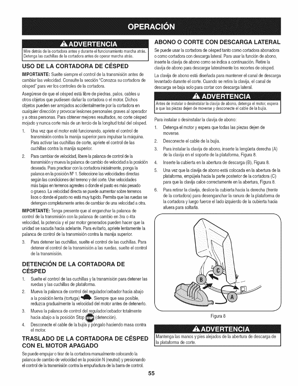 Operacion, Uso de la cortadora de cesped, Detención de la cortadora de césped | A advertencia, Aadvertencia, Advertencia, Abono o corte con descarga lateral | Craftsman 247.887330 User Manual | Page 55 / 72