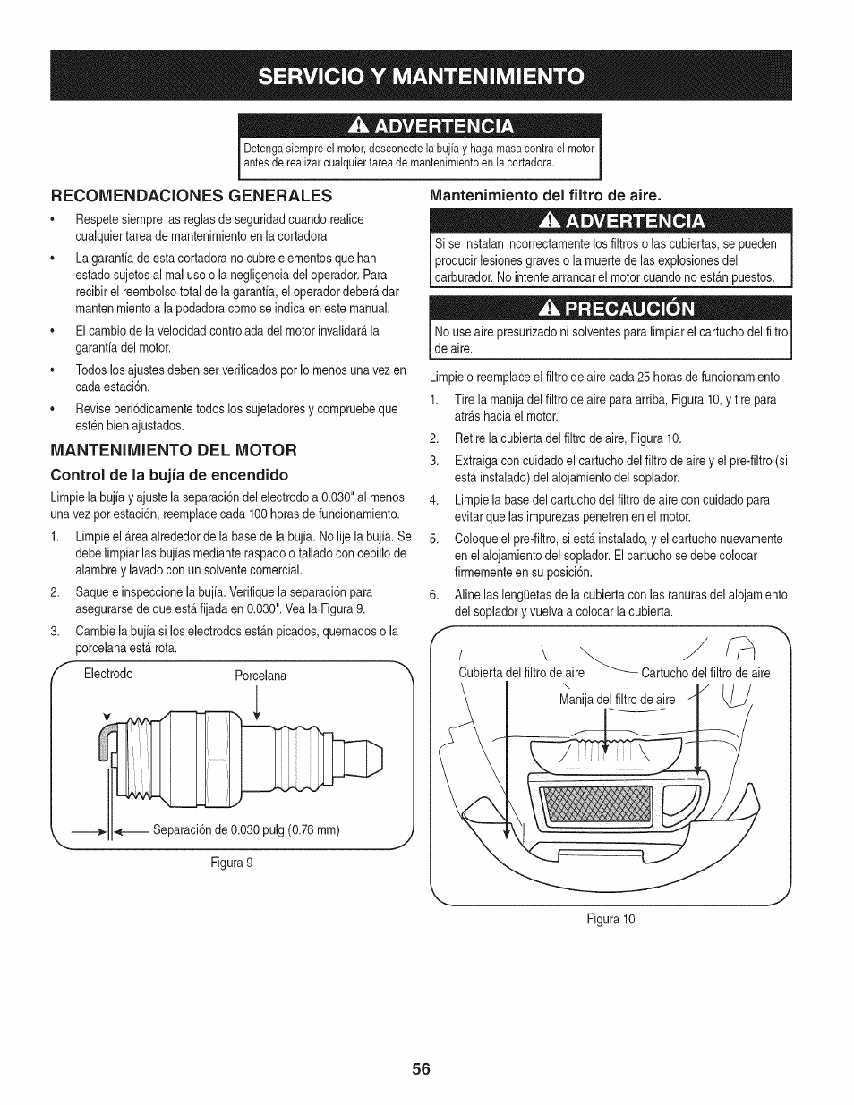 A advertencia, Mantenimiento del filtro de aire, A precaución | Advertencia, Precaución, Servicio y mantenimiento | Craftsman 247.887330 User Manual | Page 56 / 72
