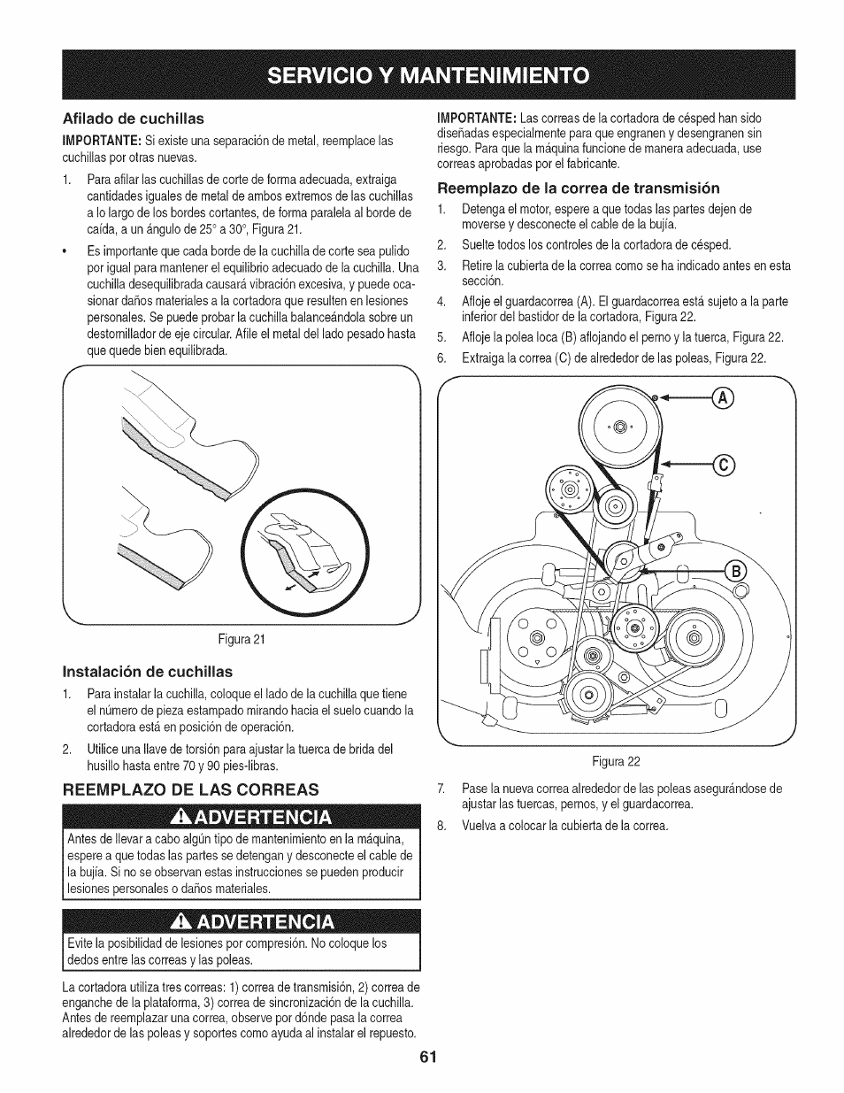 Afilado de cuchillas, Instalación de cuchillas, Reemplazo de las correas | Aadvertencia, A advertencia, Reemplazo de la correa de transmisión, Advertencia, Servicio y mantenimiento, Afilado de cuchillas importante, Importante | Craftsman 247.887330 User Manual | Page 61 / 72