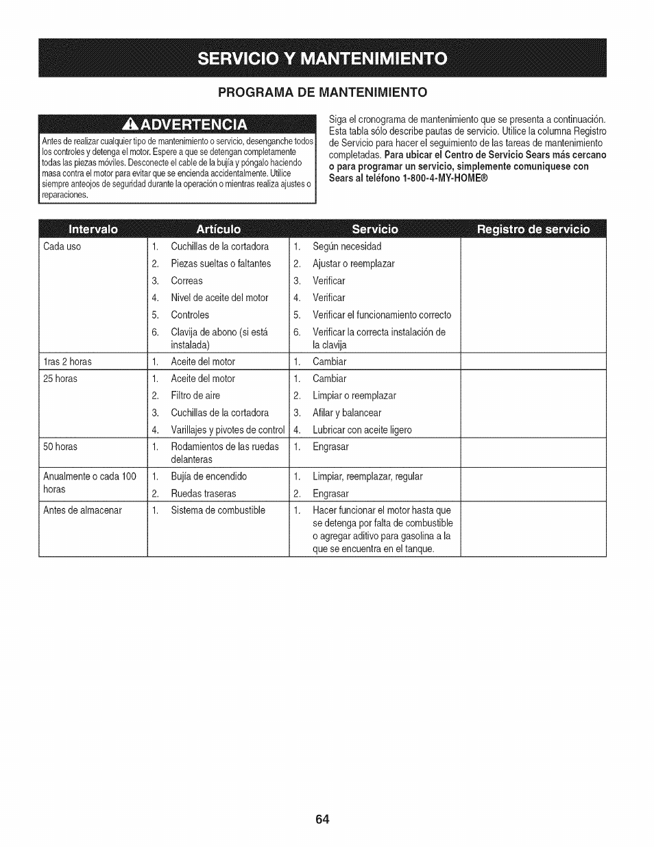 Servicio y mantenimiento, Advertencia, Programa de mantenimiento | Intervalo artículo servicio registro de servicio | Craftsman 247.887330 User Manual | Page 64 / 72