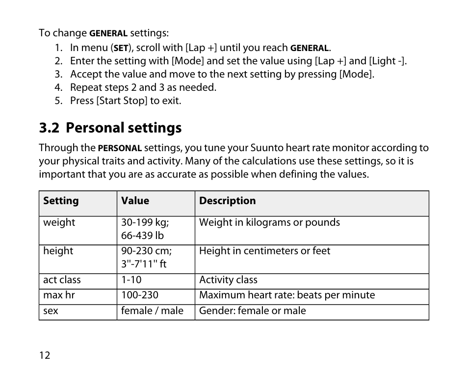 2 personal settings | SUUNTO T1C User Guide User Manual | Page 13 / 44