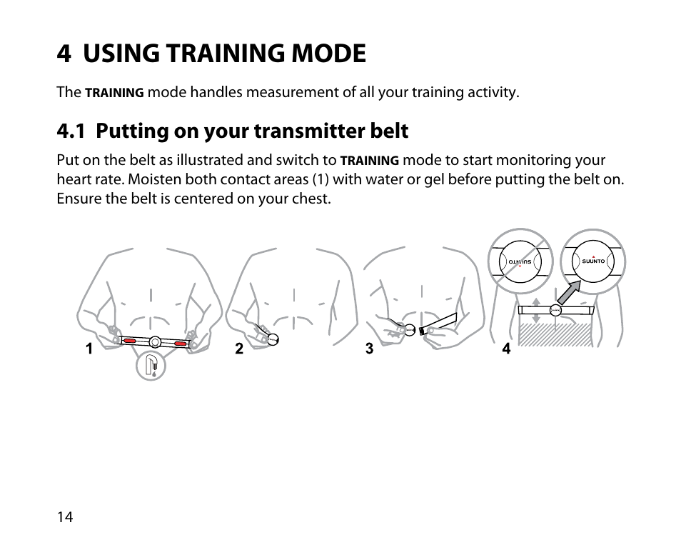 4 using training mode, 1 putting on your transmitter belt | SUUNTO T1C User Guide User Manual | Page 15 / 44