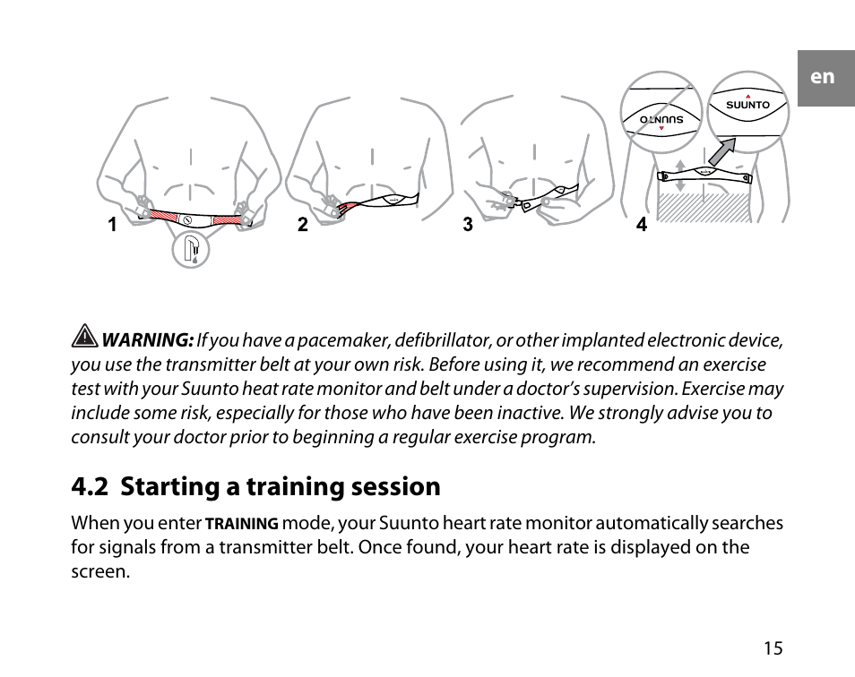 2 starting a training session | SUUNTO T1C User Guide User Manual | Page 16 / 44