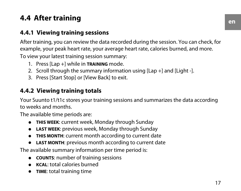 4 after training, 1 viewing training sessions, 2 viewing training totals | 17 4.4.2 viewing training totals | SUUNTO T1C User Guide User Manual | Page 18 / 44