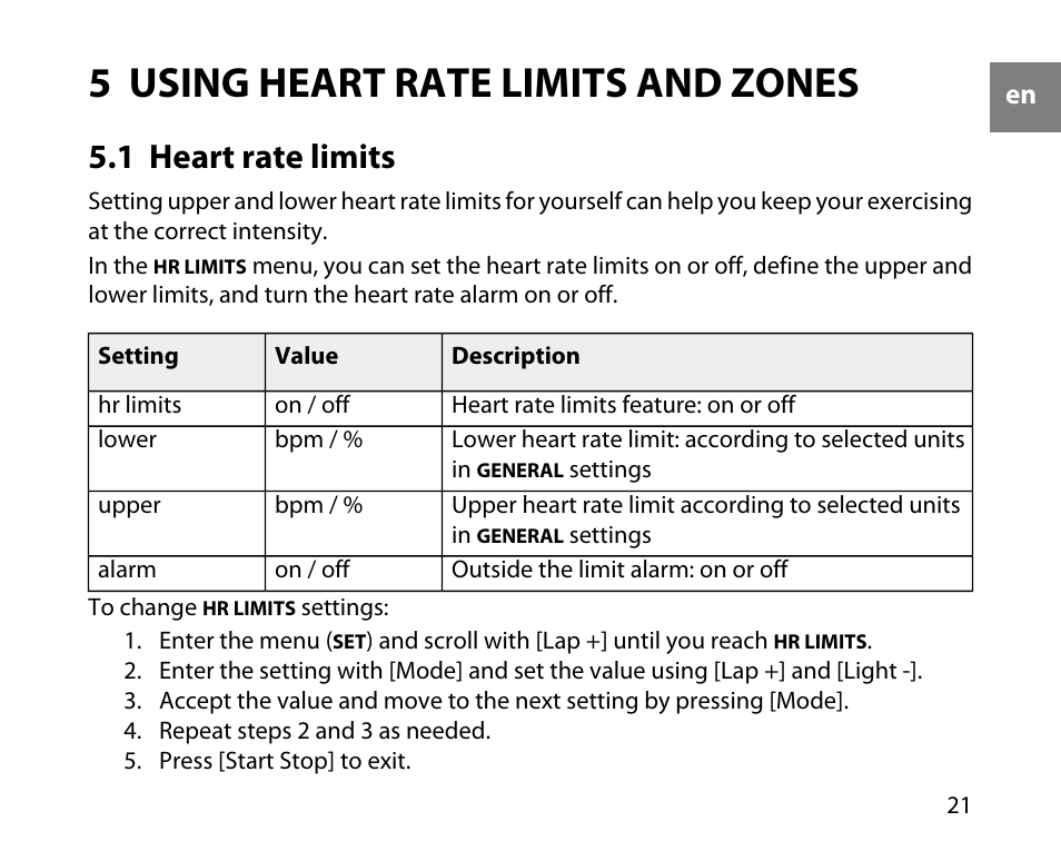 5 using heart rate limits and zones, 1 heart rate limits | SUUNTO T1C User Guide User Manual | Page 22 / 44