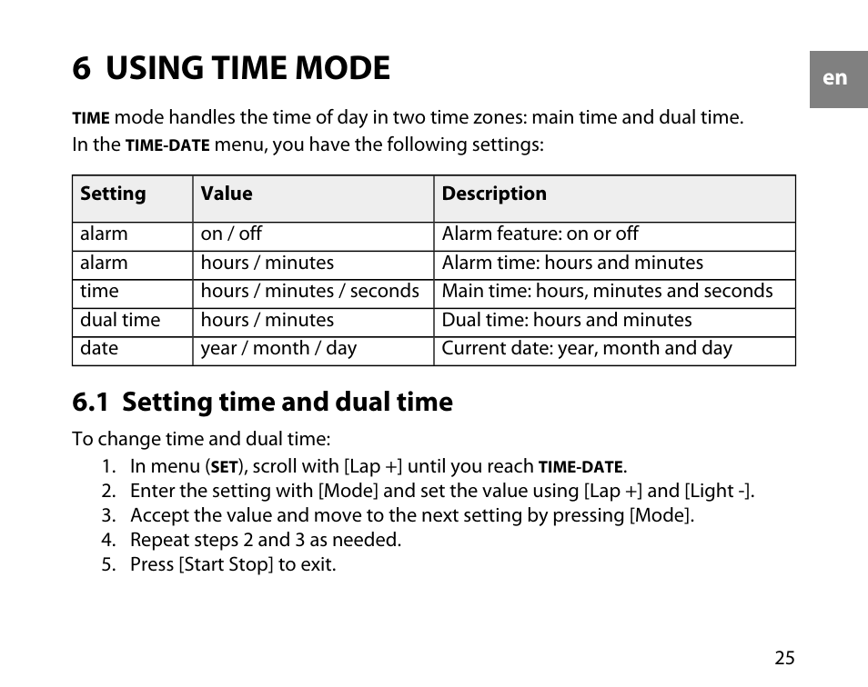 6 using time mode, 1 setting time and dual time | SUUNTO T1C User Guide User Manual | Page 26 / 44