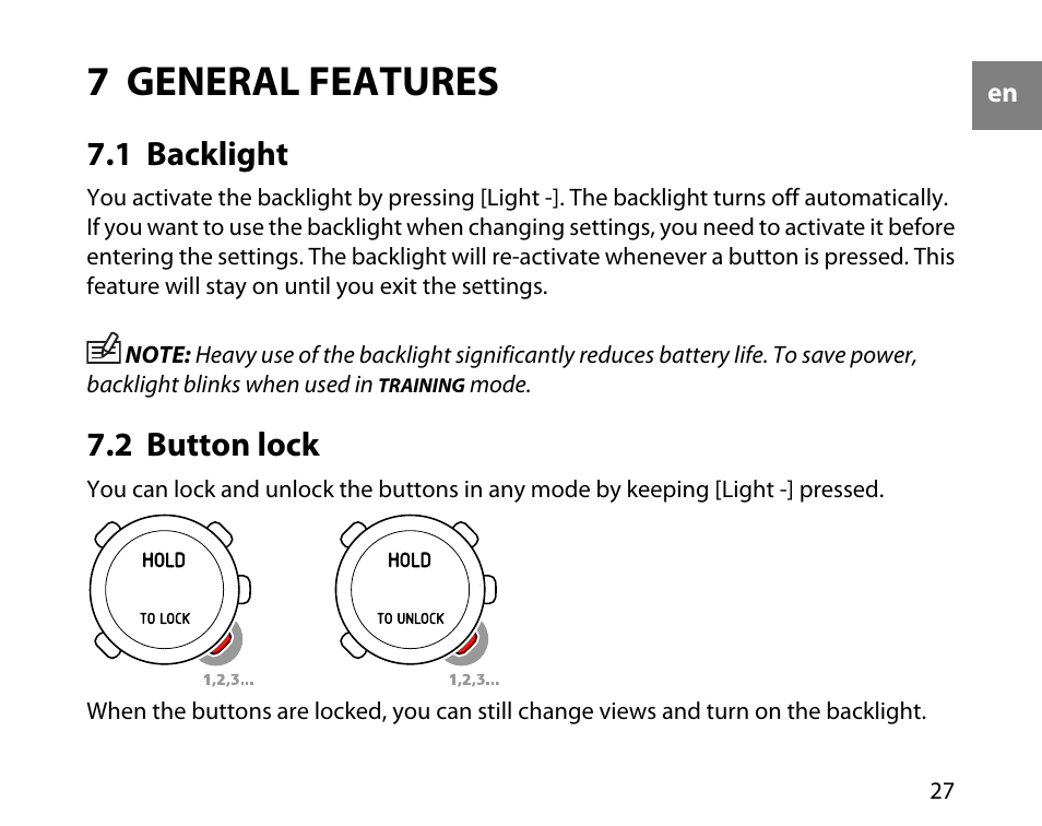 7 general features, 1 backlight, 2 button lock | 27 7.2 button lock | SUUNTO T1C User Guide User Manual | Page 28 / 44