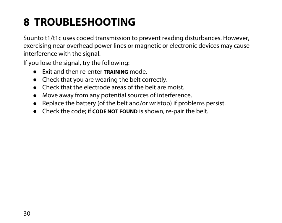 8 troubleshooting | SUUNTO T1C User Guide User Manual | Page 31 / 44