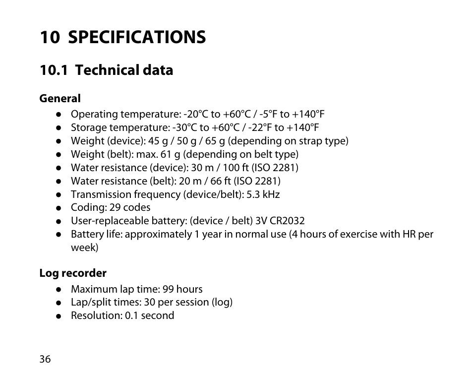 10 specifications, 1 technical data | SUUNTO T1C User Guide User Manual | Page 37 / 44