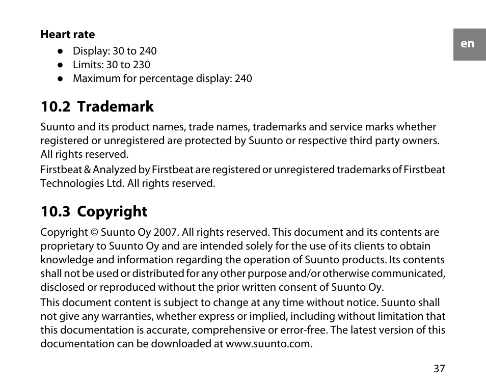 2 trademark, 3 copyright, 37 10.3 copyright | SUUNTO T1C User Guide User Manual | Page 38 / 44