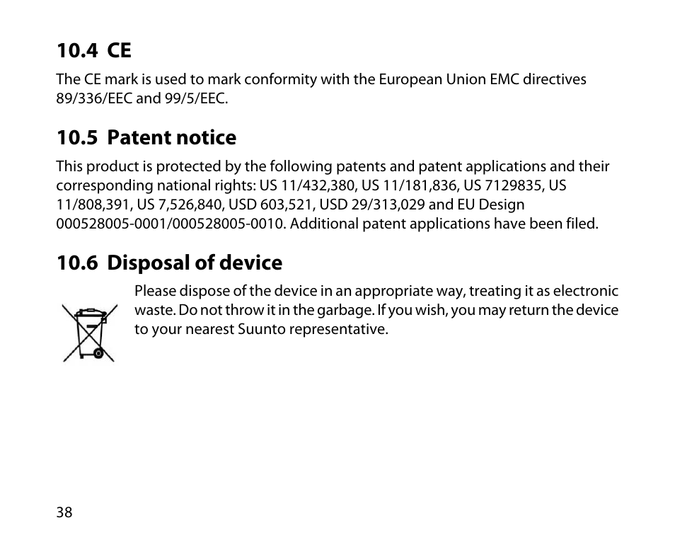 4 ce, 5 patent notice, 6 disposal of device | 38 10.5 patent notice, 38 10.6 disposal of device | SUUNTO T1C User Guide User Manual | Page 39 / 44