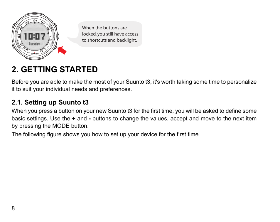Getting started, Setting up suunto t3 | SUUNTO t3 User Manual | Page 10 / 51