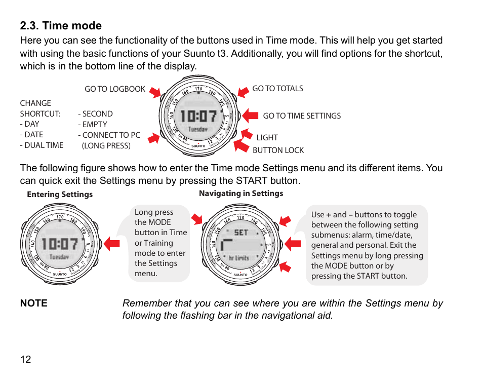 Time mode | SUUNTO t3 User Manual | Page 14 / 51