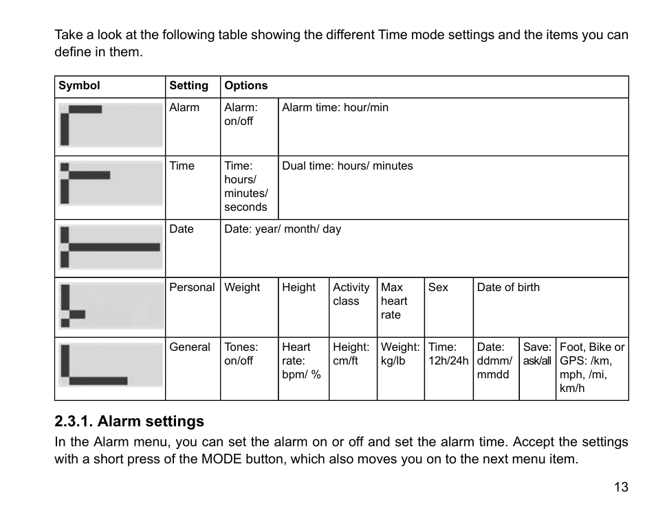 Alarm settings | SUUNTO t3 User Manual | Page 15 / 51