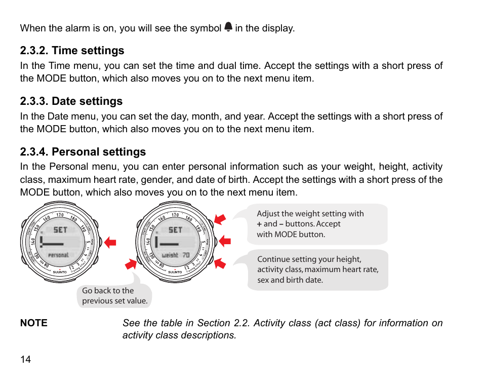 Time settings, Date settings, Personal settings | 14 2.3.3. date settings, 14 2.3.4. personal settings | SUUNTO t3 User Manual | Page 16 / 51
