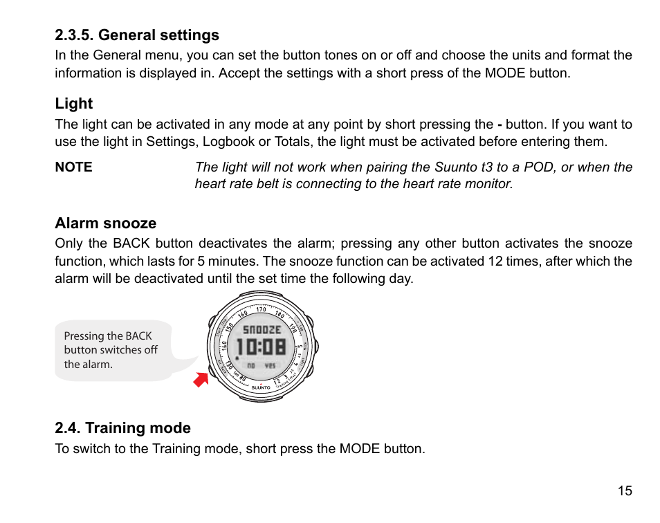 General settings, Light, Alarm snooze | Training mode | SUUNTO t3 User Manual | Page 17 / 51