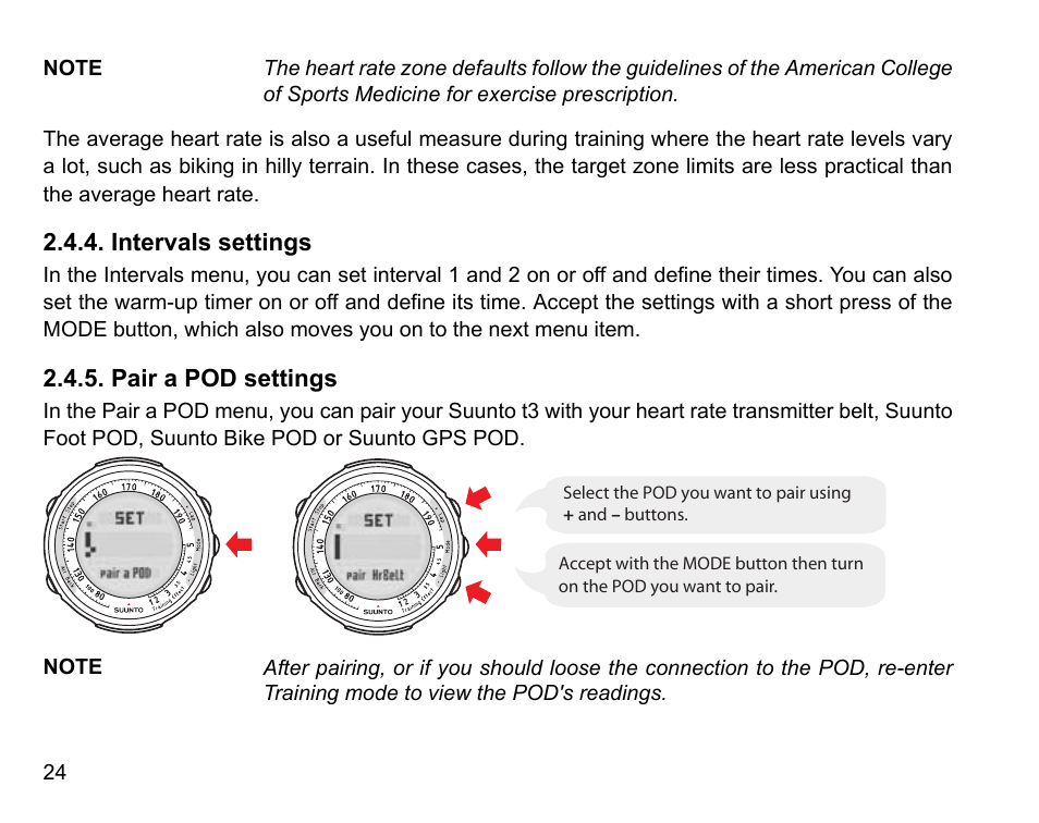 Intervals settings, Pair a pod settings, 24 2.4.5. pair a pod settings | SUUNTO t3 User Manual | Page 26 / 51