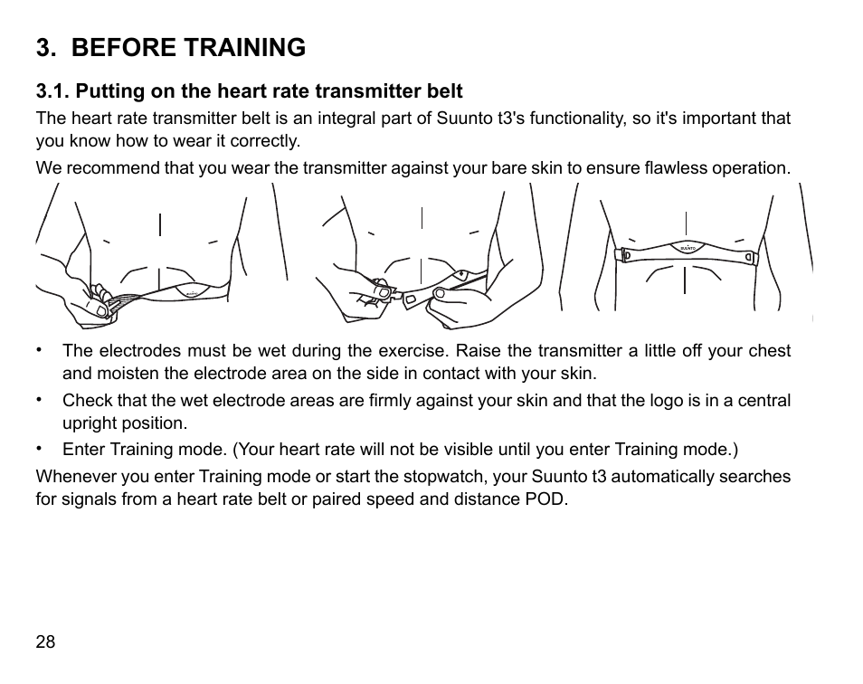 Before training, Putting on the heart rate transmitter belt | SUUNTO t3 User Manual | Page 30 / 51