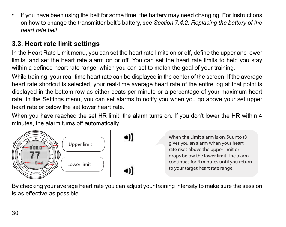 Heart rate limit settings | SUUNTO t3 User Manual | Page 32 / 51