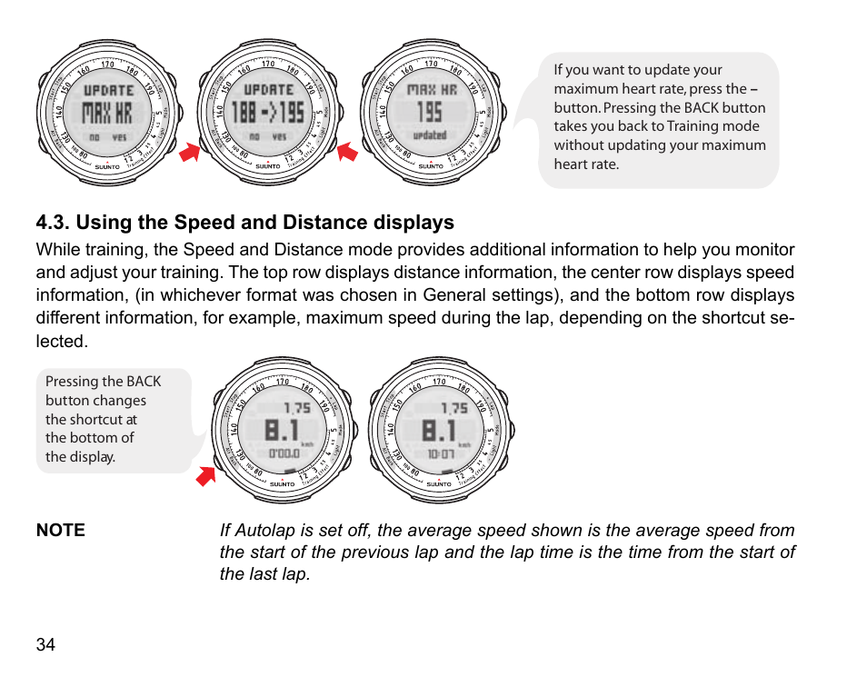 Using the speed and distance displays | SUUNTO t3 User Manual | Page 36 / 51