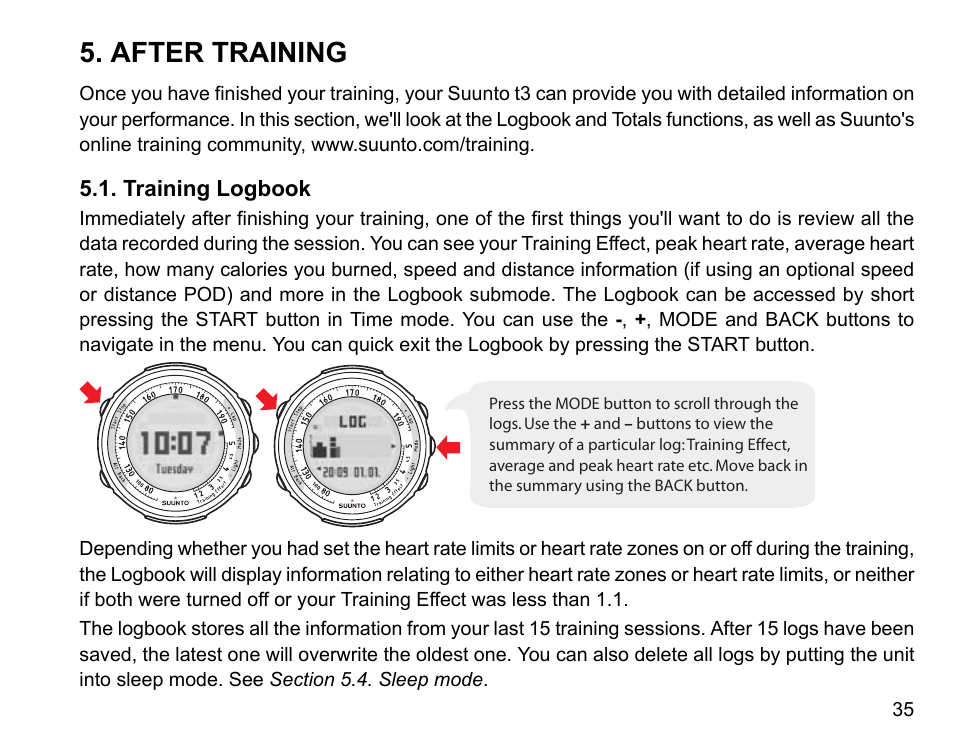 After training, Training logbook | SUUNTO t3 User Manual | Page 37 / 51