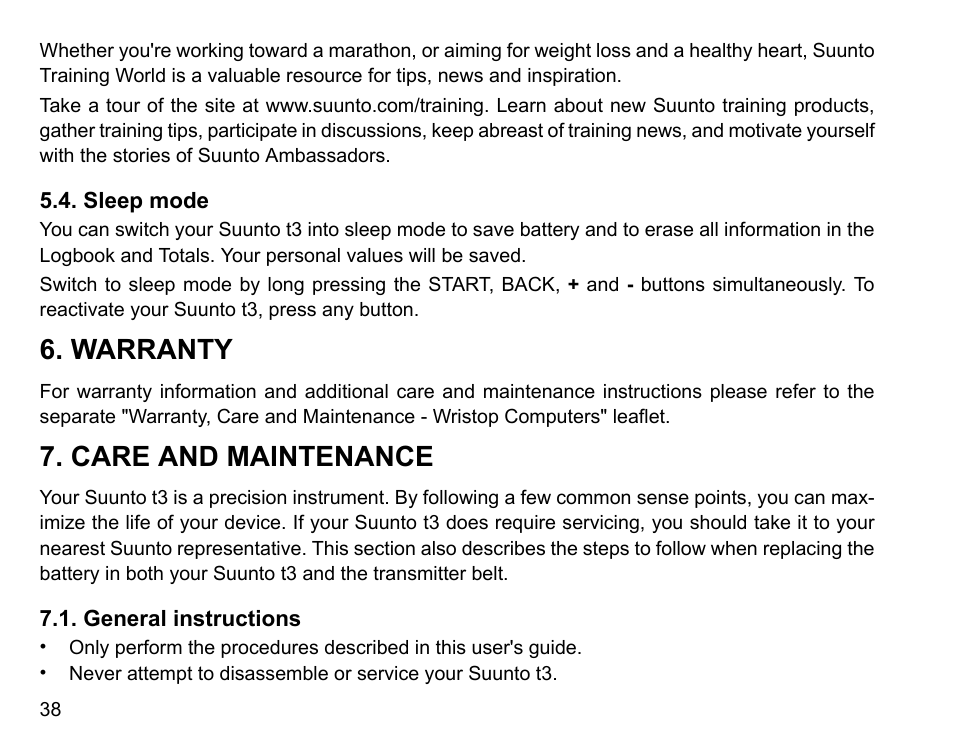 Sleep mode, Warranty, Care and maintenance | General instructions, 38 7. care and maintenance | SUUNTO t3 User Manual | Page 40 / 51